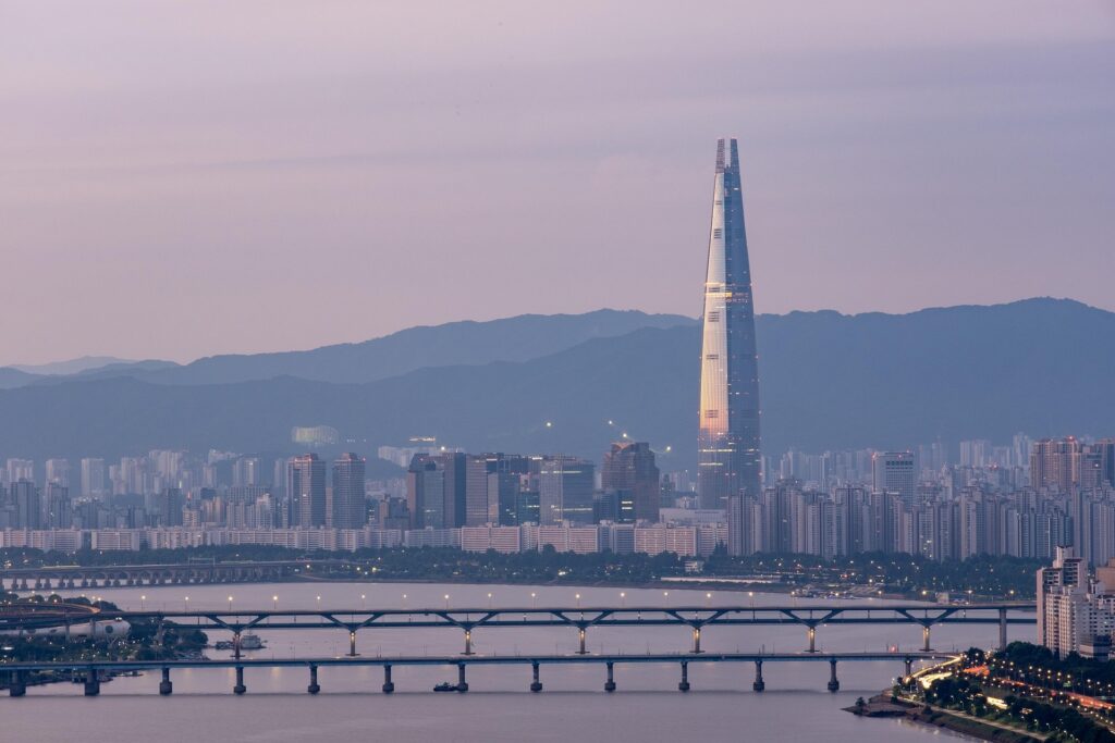 Lotte World Tower in Seoul South korea lit up at night